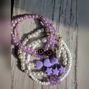 Purple And White Beaded Bracelet Set 5 Pack